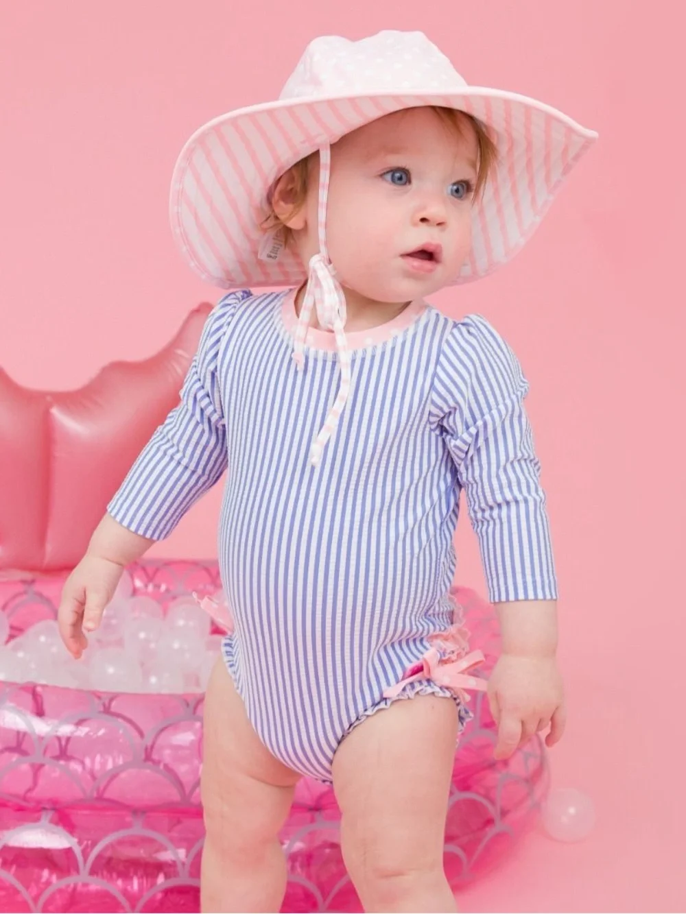 Ruffle Butts Girls Blue & White Striped One-Piece Rash Guard Swimsuit Pink Trim